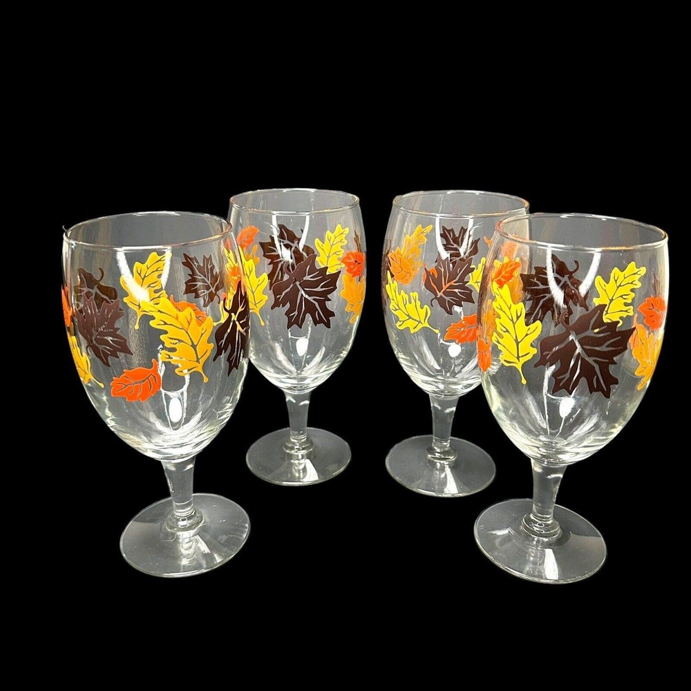 VTG MCM LIBBEY FALL WATER GOBLETS STEMMED OAK MAPLE ELM LEAVES SET/4 1970’s